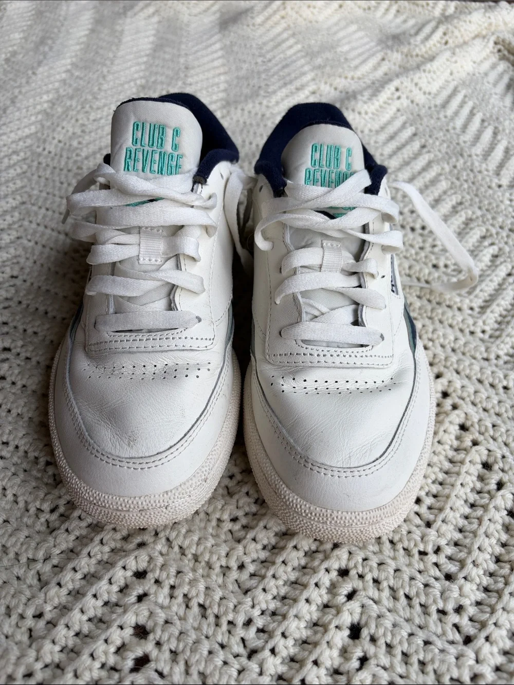 Reebok White Navy and Teal Club C Revenge Sneakers